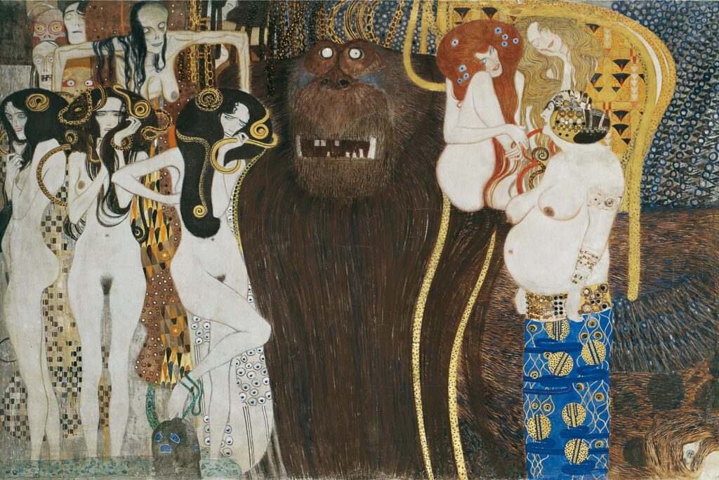 Gustav-Klimt-–-Les-Forces-du-Mal-et-Les-Trois-Gorgones-La-frise-Beethoven-mur-du-milieu-1902-–-Galerie-Osterreichiches-–-Artemisia